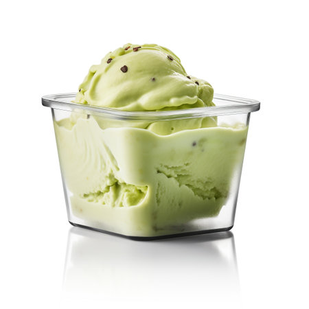 A photo of a sleek transparent container with Avocado flavored ice cream isolated on white backgroundの素材