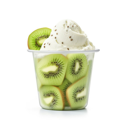 A photo of a sleek transparent container with Kiwi flavored ice cream isolated on white backgroundの素材