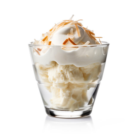 A photo of a sleek transparent container with Coconut flavored ice cream isolated on white backgroundの素材
