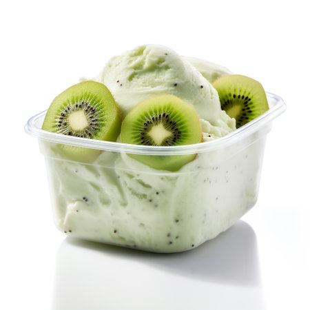A photo of a sleek transparent container with Kiwi flavored ice cream isolated on white backgroundの素材