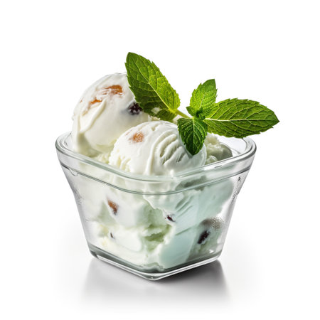 A photo of a sleek transparent container with Peppermint flavored ice cream isolated on white backgroundの素材