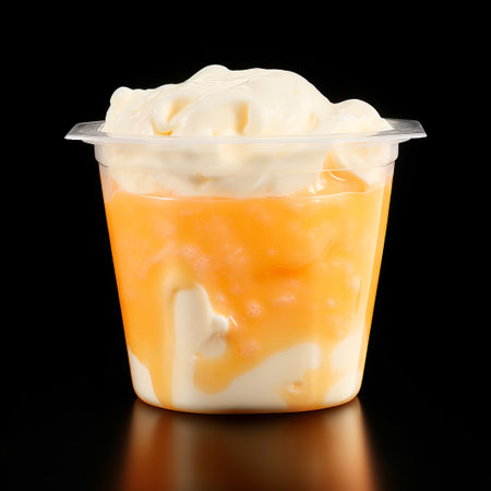 A photo of a sleek transparent container with Orange flavored ice cream isolated on white backgroundの素材