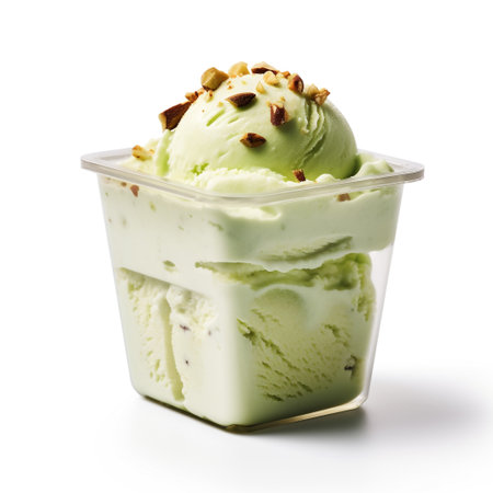 A photo of a sleek transparent container with Pistachio flavored ice cream isolated on white backgroundの素材