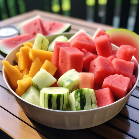 A photo of a small container with a variety of sliced melons, such as watermelon and cantaloupeの素材