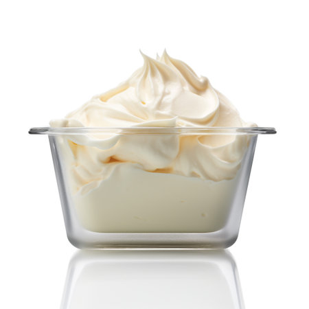 A photo of a sleek transparent container with Vanilla flavored ice cream isolated on white backgroundの素材