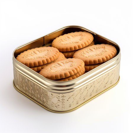 A photo of a sleek Custard Creams biscuit container with Oatcakes isolated on white backgroundの素材