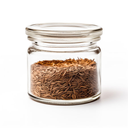 Photo of Aniseed in minimalist inside transparent jar isolated on white backgroundの素材