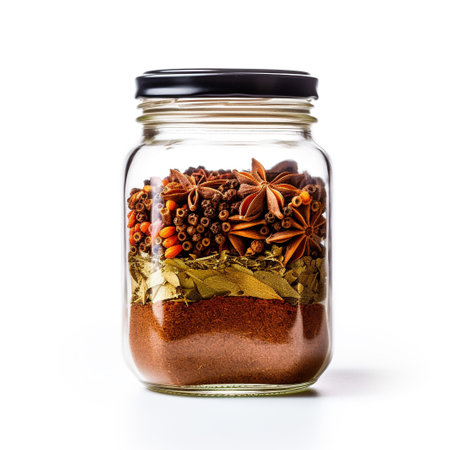 Photo of Pickling Spice in minimalist inside transparent jar isolated on white backgroundの素材