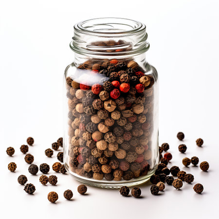 Photo of Peppercorns in minimalist inside transparent jar isolated on white backgroundの素材