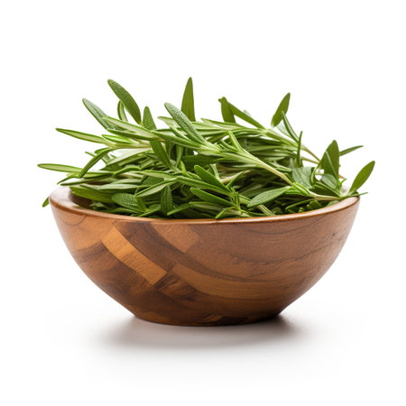 Photo of Tarragon in minimalist brown bowl isolated on white backgroundの素材