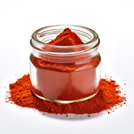 Photo of paprika powder in minimalist inside transparent jar isolated on white backgroundの素材