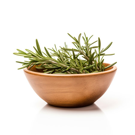 Photo of Rosemary in minimalist brown bowl isolated on white backgroundの素材