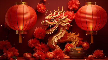 Golden Chinese Dragon with Paper Lanterns on Redの素材