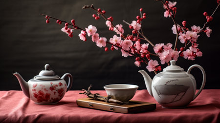 Close-Up Photo of Tea Pot and Plum Blossom on the Tableの素材