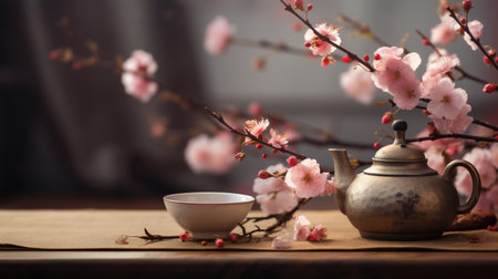 Close-Up Photo of Tea Pot and Plum Blossom on the Tableの素材