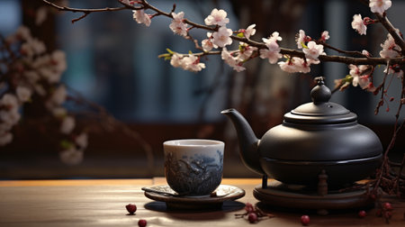 Close-Up Photo of Tea Pot and Plum Blossom on the Tableの素材