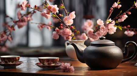 Close-Up Photo of Tea Pot and Plum Blossom on the Tableの素材
