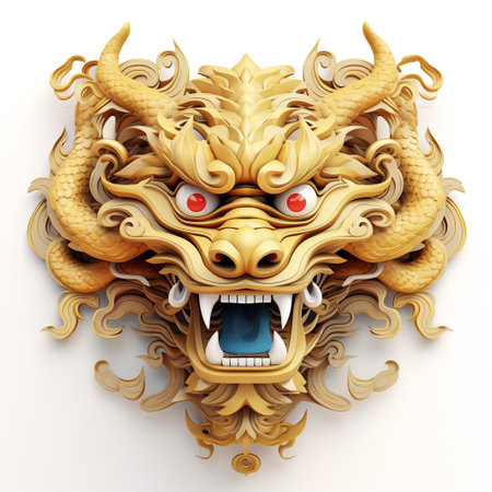 3D Golden Dragon Head on White Backgroundの素材