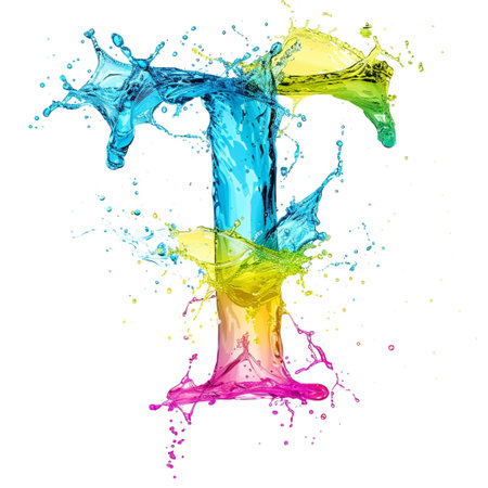 letter T from colorful splash water on white backgroundの素材
