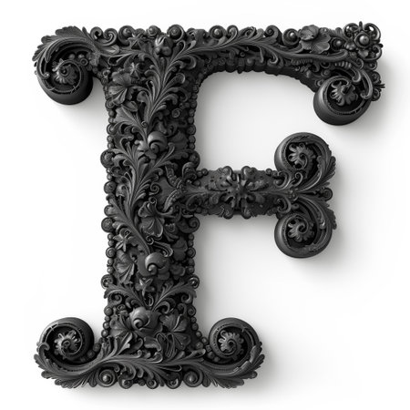 Cute black alphabet F as fractal shape on white backgroundの素材