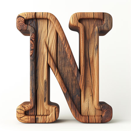 Decorative wood letter N on white backgroundの素材