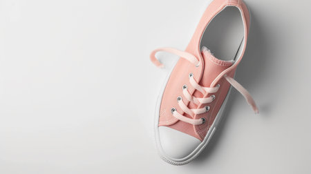 Peach canvas shoes isolated on flat white background with copy space for advertisementの素材