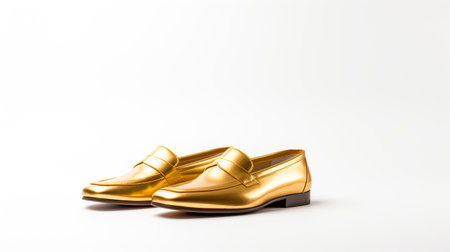 Gold Loafers shoes isolated on white background with copy space for advertisementの素材