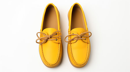 Yellow Moccasins shoes isolated on white background with copy space for advertisementの素材