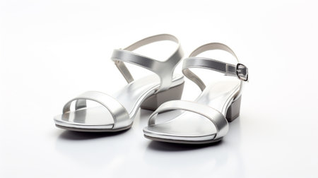 Silver Sandals shoes isolated on white background with copy space for advertisementの素材