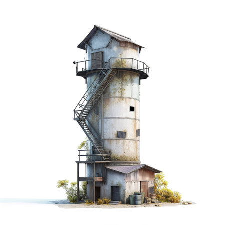 Old water tower isolated on white background 3D illustration. High resolution image.の素材