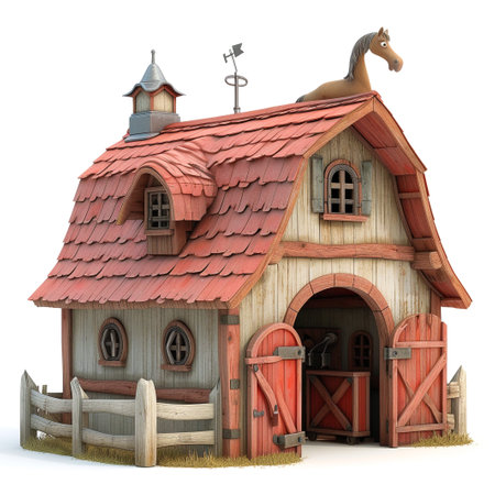 3D rendering of an old wooden barn with a horse on a white backgroundの素材