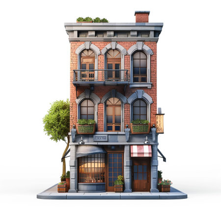 3D rendering of an old brick house isolated on a white backgroundの素材