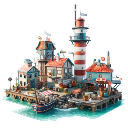 3D rendering of an old lighthouse on a small island in the seaの素材