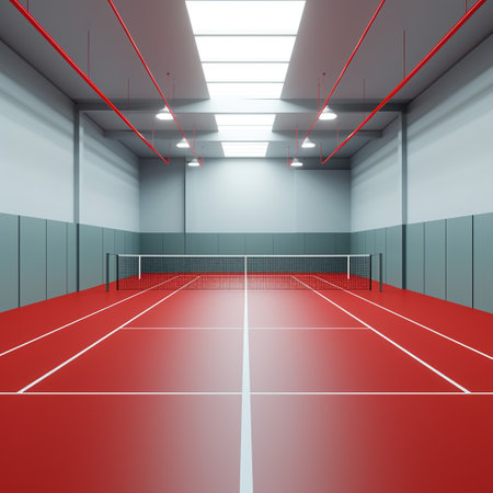 3d render of a tennis court interior with red floor and red netの素材