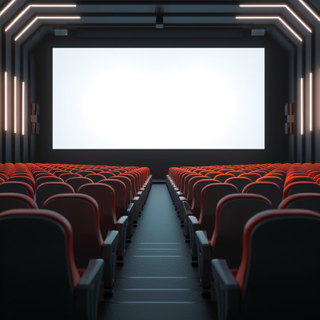 Empty cinema auditorium with red seats and white screen. 3d renderの素材