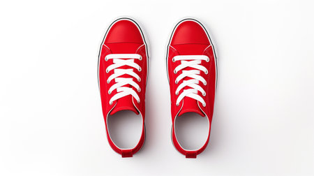 Red sneakers isolated on white background. 3d render. Top view.の素材