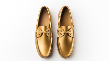 Golden male shoes isolated on white background. 3d render illustration.の素材