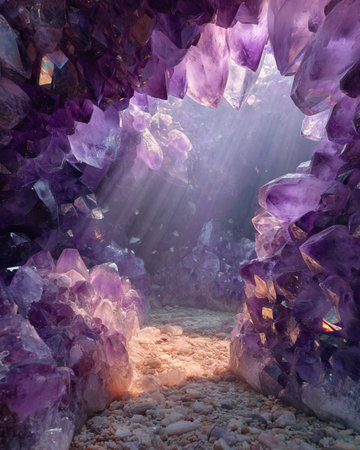 amethyst crystals in a cave, 3d illustration, horizontal imageの素材