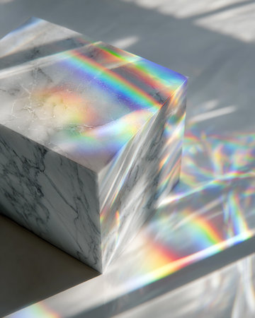 White marble cube with rainbow reflection on white background. 3d renderの素材