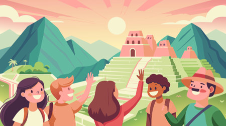 A group of people are standing in front of a mountain and waving to each other. The scene is lively and cheerful, with the people enjoying their time togetherのイラスト素材