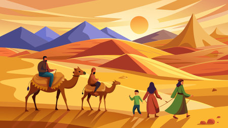 A family, with a sense of adventure in their eyes, embarking on a camel trek across the golden sands of the Sahara Desert, under the vast desert sky.のイラスト素材