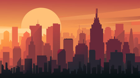 City skyline at sunset. Vector illustration in flat style. Cityscape with skyscrapers.の写真素材