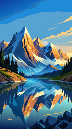 Mountains and lake with reflection in the water. Vector illustration.の写真素材