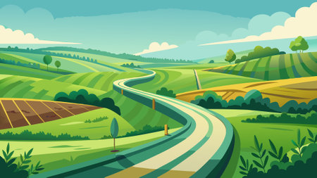 Vector illustration of rural landscape with road, fields and forest. Cartoon style.の写真素材