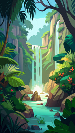 Waterfall in the jungle. Vector illustration of a cartoon style.の写真素材