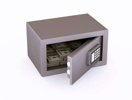 Safety box or modern electronic locker with money, isolated on a white background. 3d renderingの写真素材