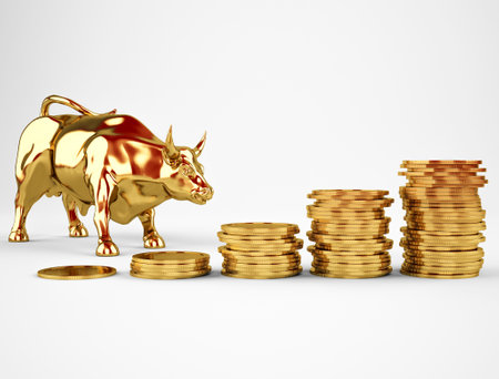 Financial investment in bull market. Investor can get more capital gain and dividend, isolated on white backgroundの写真素材