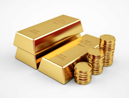 Stack of gold bars concept of success in business and finance, isolated on a white background. 3d renderingの写真素材
