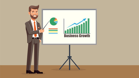 Business success and growth chart, Businessman presenting business graph on whiteboard. Vector illustration in flat styleのイラスト素材