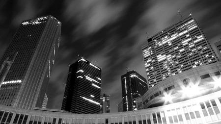 Modern buildings in West Shinjuku, Tokyo at night.の写真素材